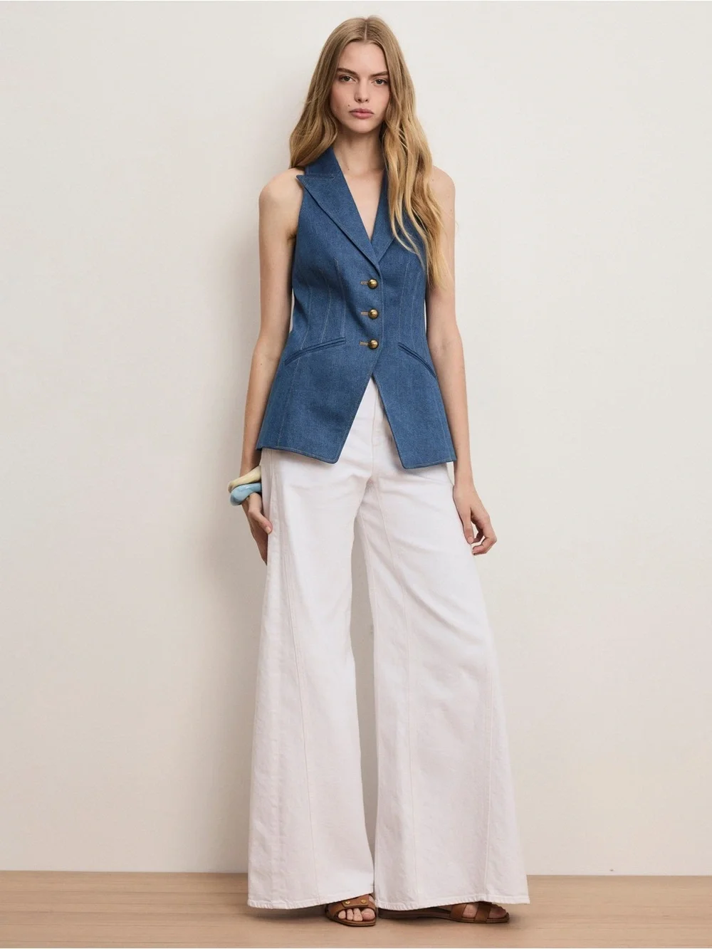 Veronica Beard Costa Denim Vest – Blue Stretch-Denim Sleeveless Top